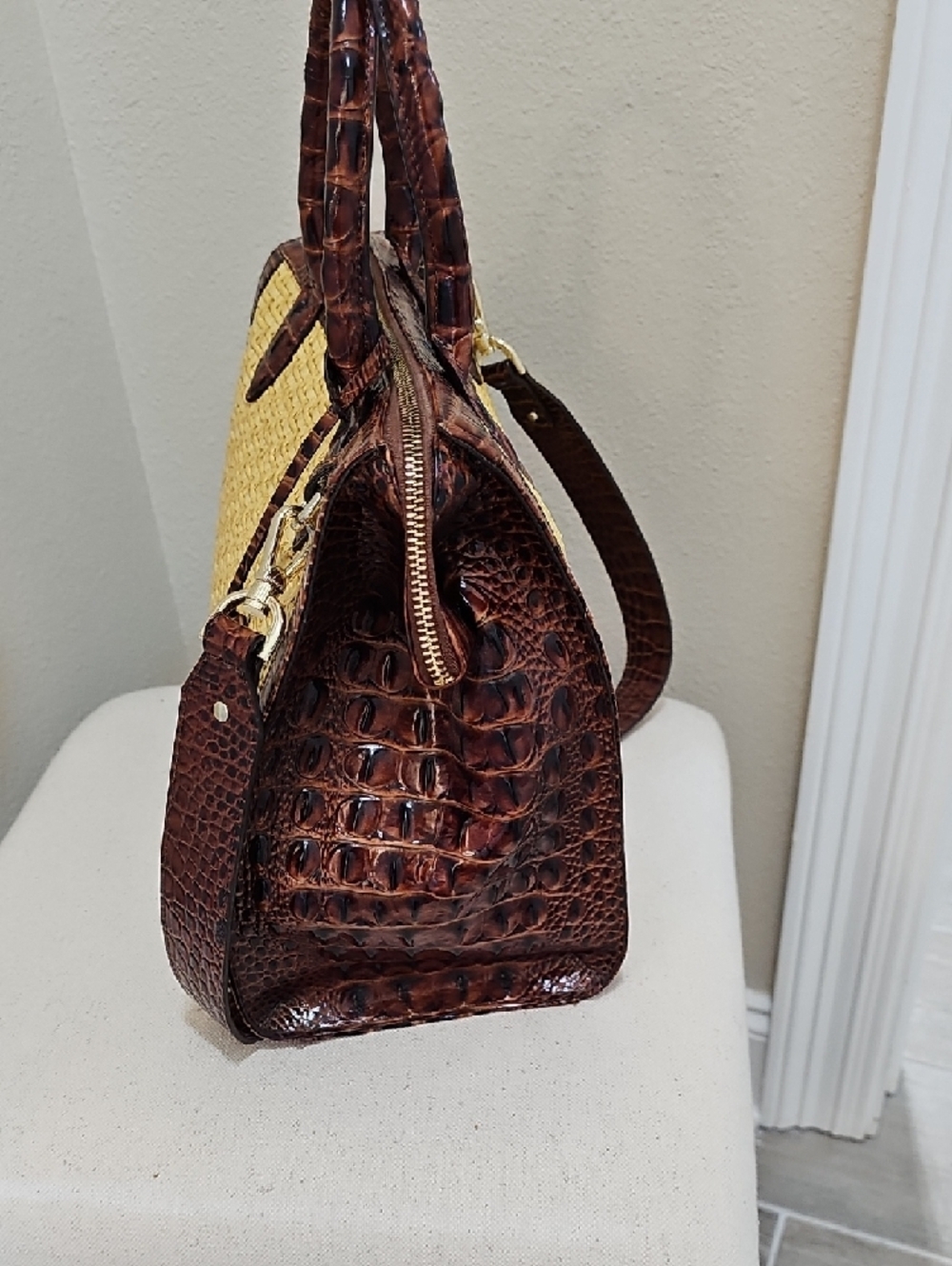Brahmin Tan Straw Satchel with Brown Faux-Croc Trim - Picture 5 of 11